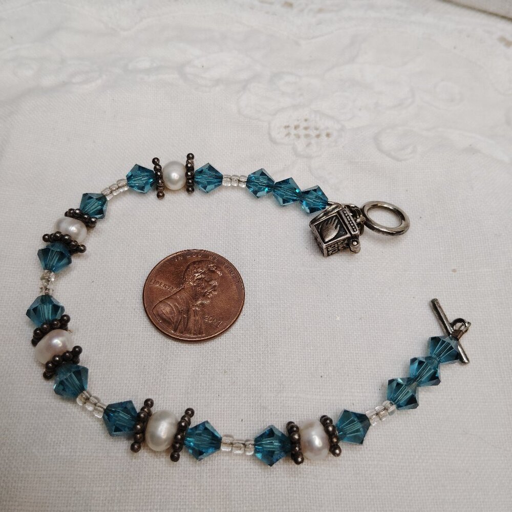 Sterling Silver Prayer Box Bracelet  Freshwater Pearls, Blue Crystal Bicones, 7"